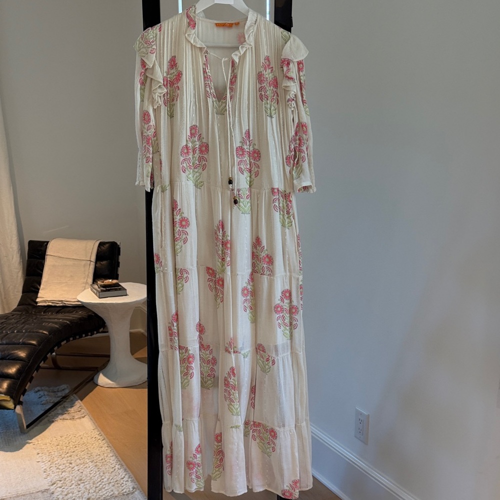Oliphant Cream Maxi Dress with Pink Floral and Green Leaves